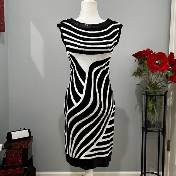 NEW INC Stripe Colorblock Iridescent Sequins Two Tone Bateau Knit Midi Dress NWT - Picture 5 of 16